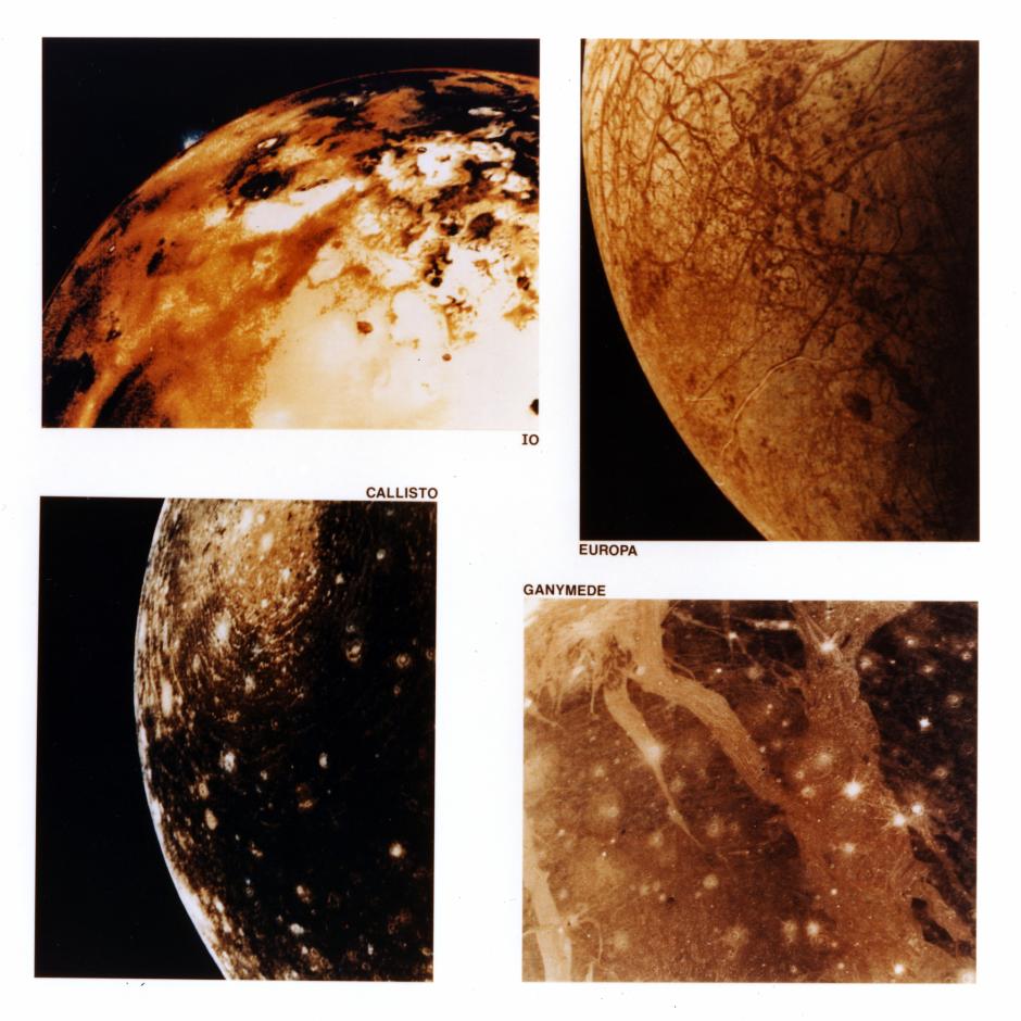 Fotografías de la superficie de los 4 satélites naturales más grandes de Júpiter, Ganimedes, Calisto, Ío y Europa