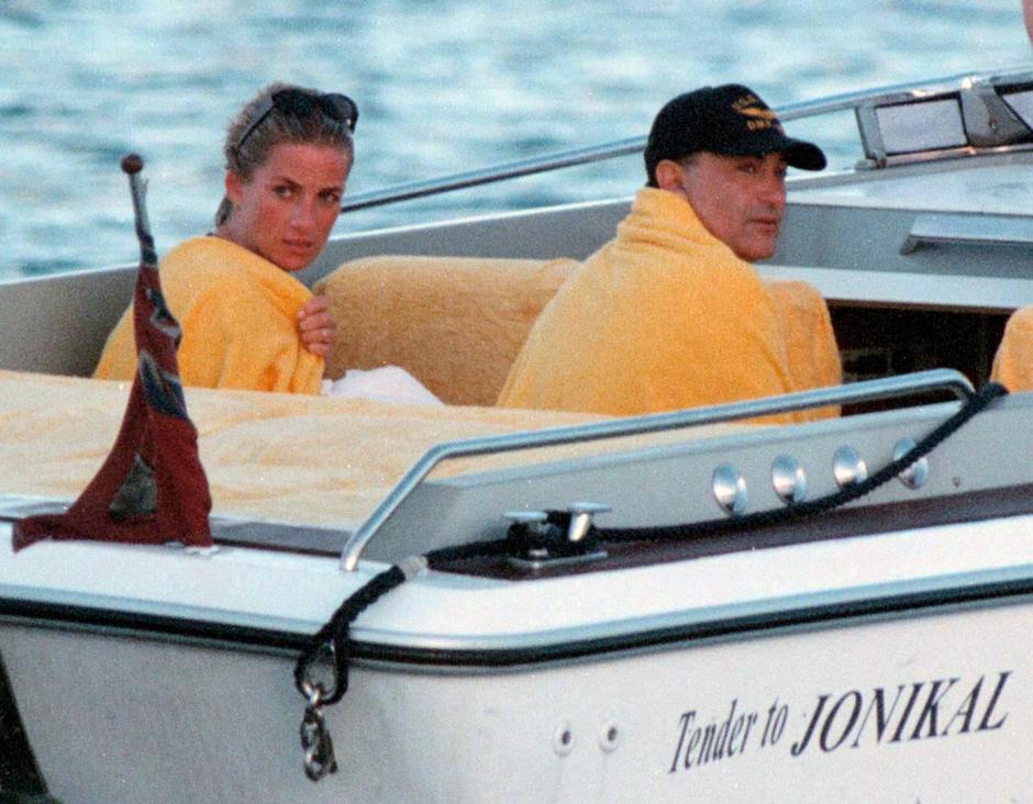 Princess Diana with Dodi Al Fayed in Sardinia. Half Length.