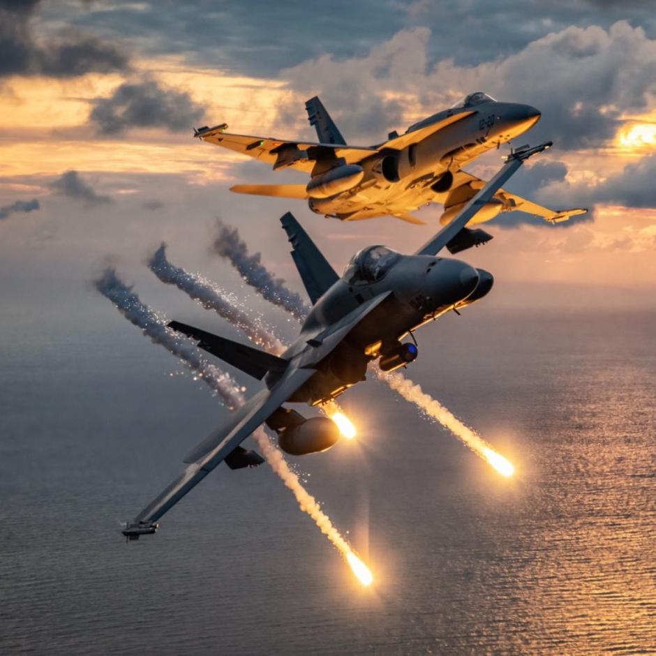 Lanzamiento de bengalas de los F-18 españoles en el cielo lituano