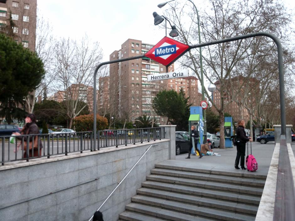 Entrance of 'Herrera Oria' metro station in Madrid (Spain), at 49 Calle de Ginzo de Limia (street) in Fuencarral-El Pardo district.