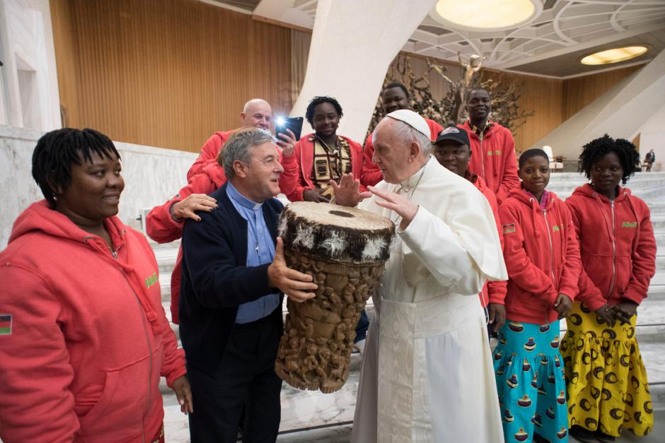 Pope Francis pis shown a drum during his weekly general audience in the Paul VI Hall at the Vatican, Wednesday, Jan. 10, 2018.