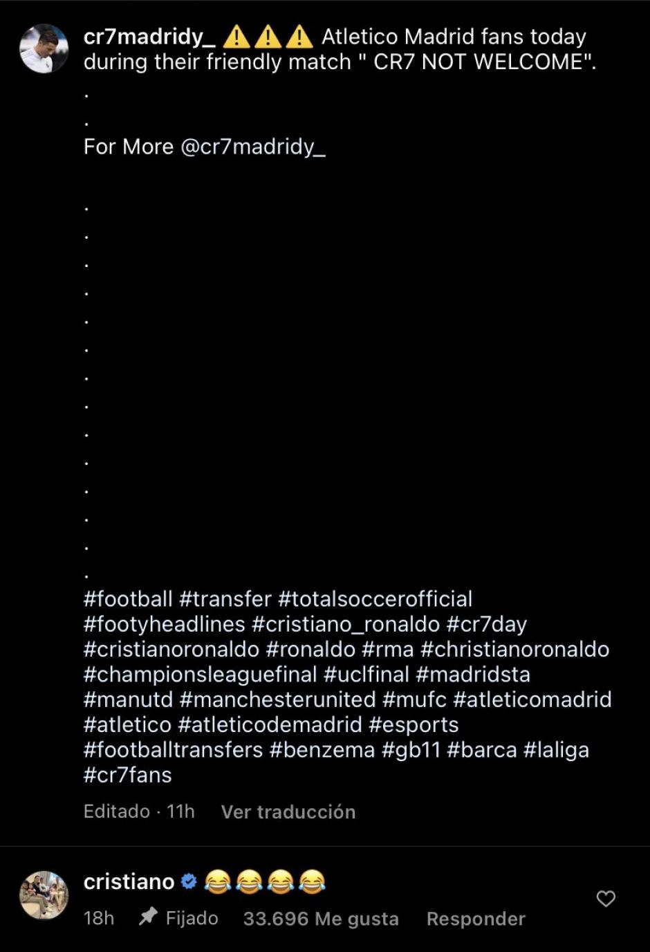 Cristiano Ronaldo contestando en Instagram a la pancarta de los aficionados del Atlético