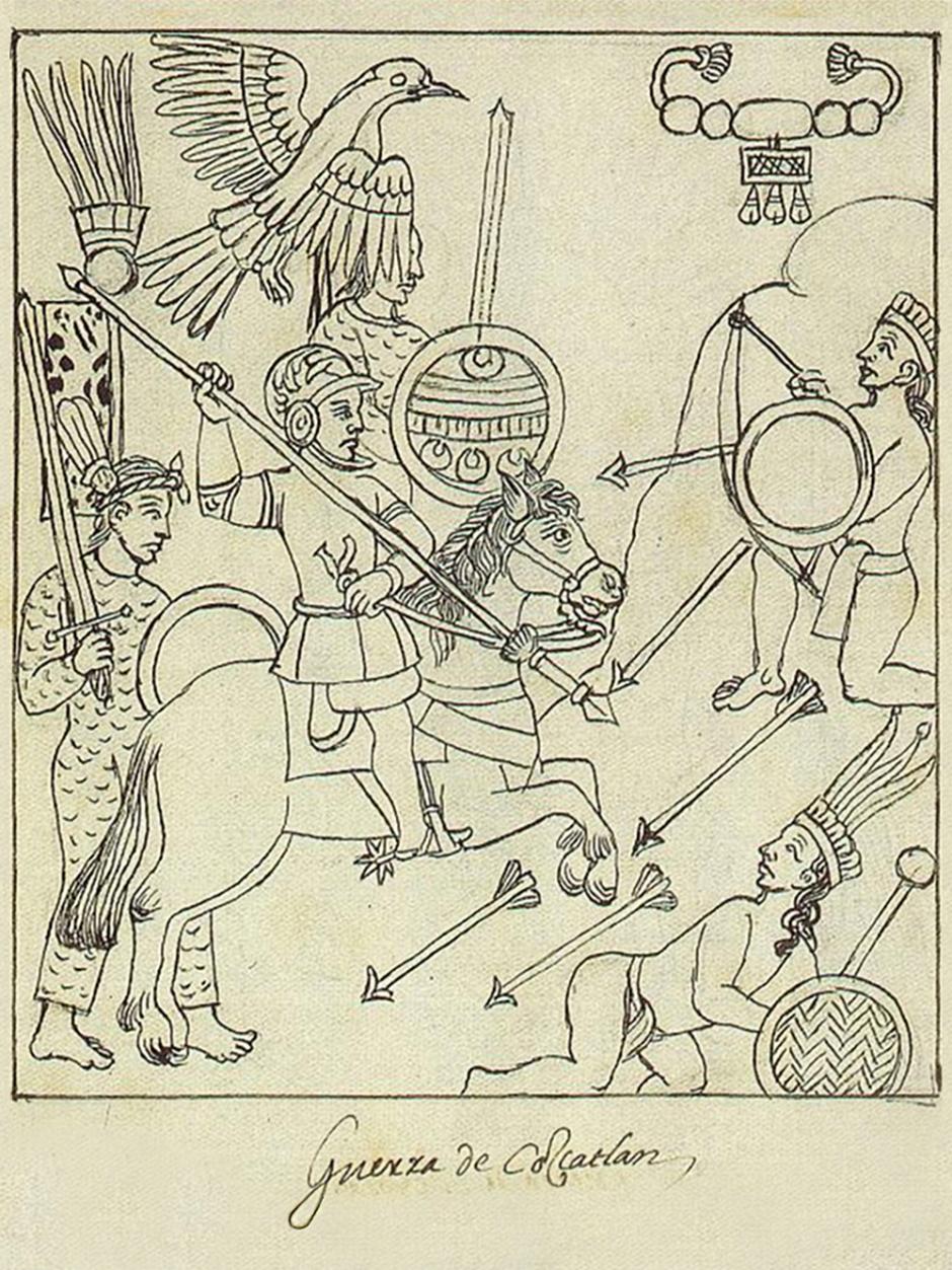 Detalle del Lienzo de Tlaxcala representando a Pedro de Alvarado liderando a los guerreros tlaxcaltecas en la Guerra de Cuzcatlán