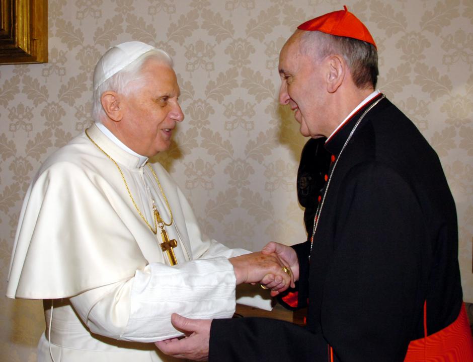 In this picture made available by the Vatican newspaper L'Osservatore Romano, Pope Benedict XVI shakes hands with the archbishop of Buenos Aires Cardinal Jorge Mario Bergoglio during their meeting at the Vatican, Saturday, Jan. 13, 2007.