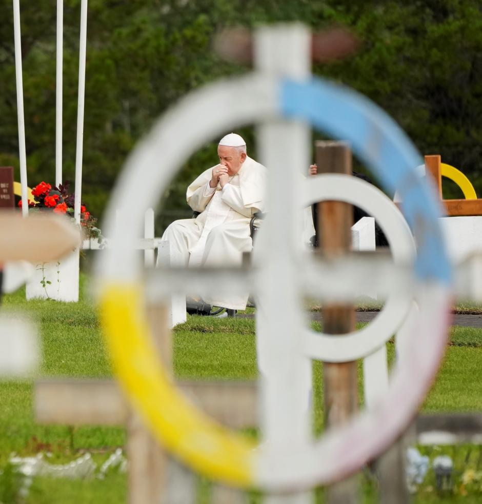 Pope Francis during a ceremony in Maskwacis, Alberta, as part of his papal visit across Canada on Monday, July 25, 2022.