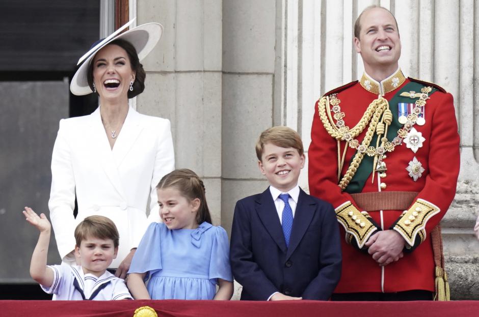 Prince William and Kate Middleton, Duchess of Cambridge with Princess Charlotte, Prince George and Prince Louis during the Trooping the Colour ceremony in London, Thursday June 2, 2022, on the first of four days of celebrations to mark the Platinum Jubilee.