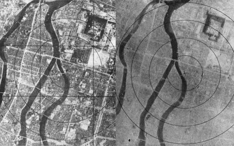 Antes (izq) y después (después) del bombardeo en Hiroshima