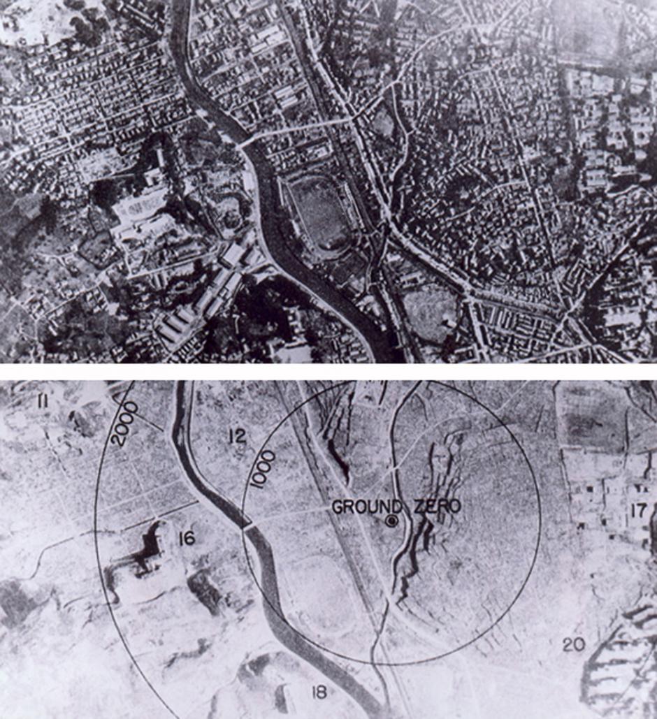 Nagasaki antes y después del bombardeo, después de que los incendios se extinguieran