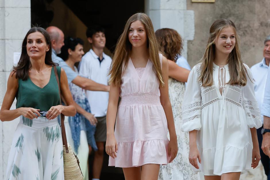 Queen Letizia Ortiz with daughters Princess of Asturias Leonor of Borbon and Infant Sofia de Borbon during a visit to Cartuja de Valdemossa in Mallorca, on Monday 01 August 2022.