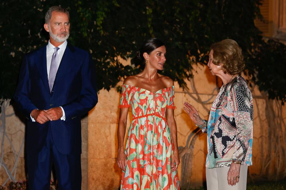 Spanish King Felipe and Queen Letizia Ortiz with Emeritus Queen Sofia during a reception at the Marivent Palace in Palma de Mallorca on Thursday 4 August 2022