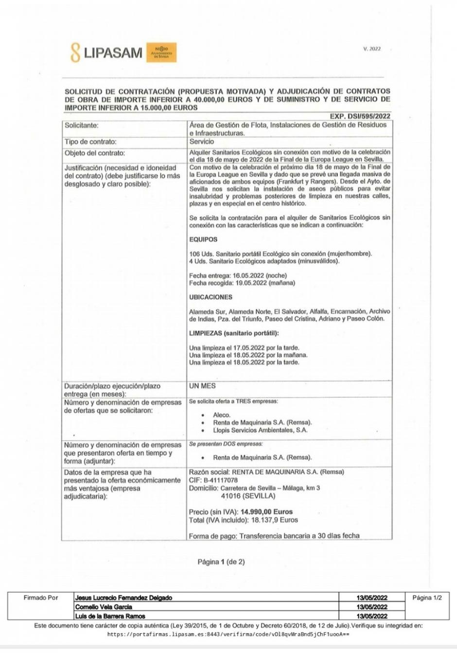 Documento oficial remitido por el Ayuntamiento de Sevilla.