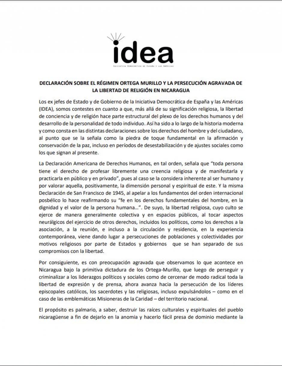 Primera página del documento firmado por los miembros de la Iniciativa Democrática de España y las Américas