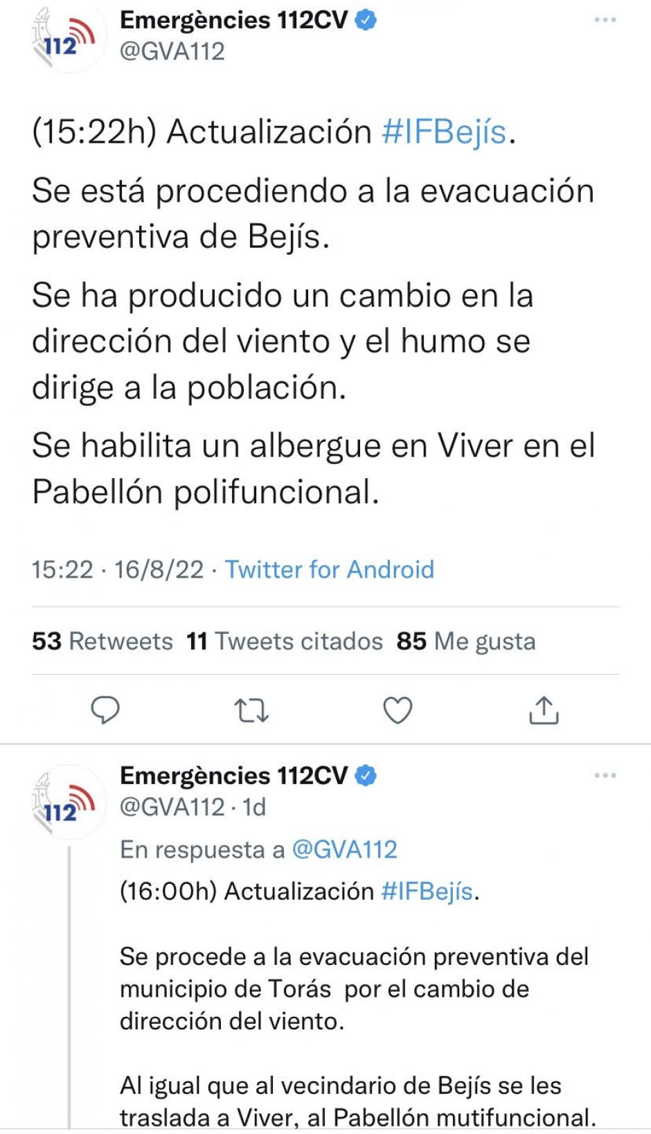 Mensajes en redes del Servicio de Emergencia de la Generalitat anunciando una hora antes de salir el tren que evacuaban la población y media hora antes, otro municipio vecino