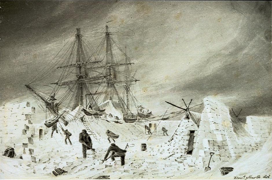 Dibujo que muestra un barco atrapado por el hielo ártico