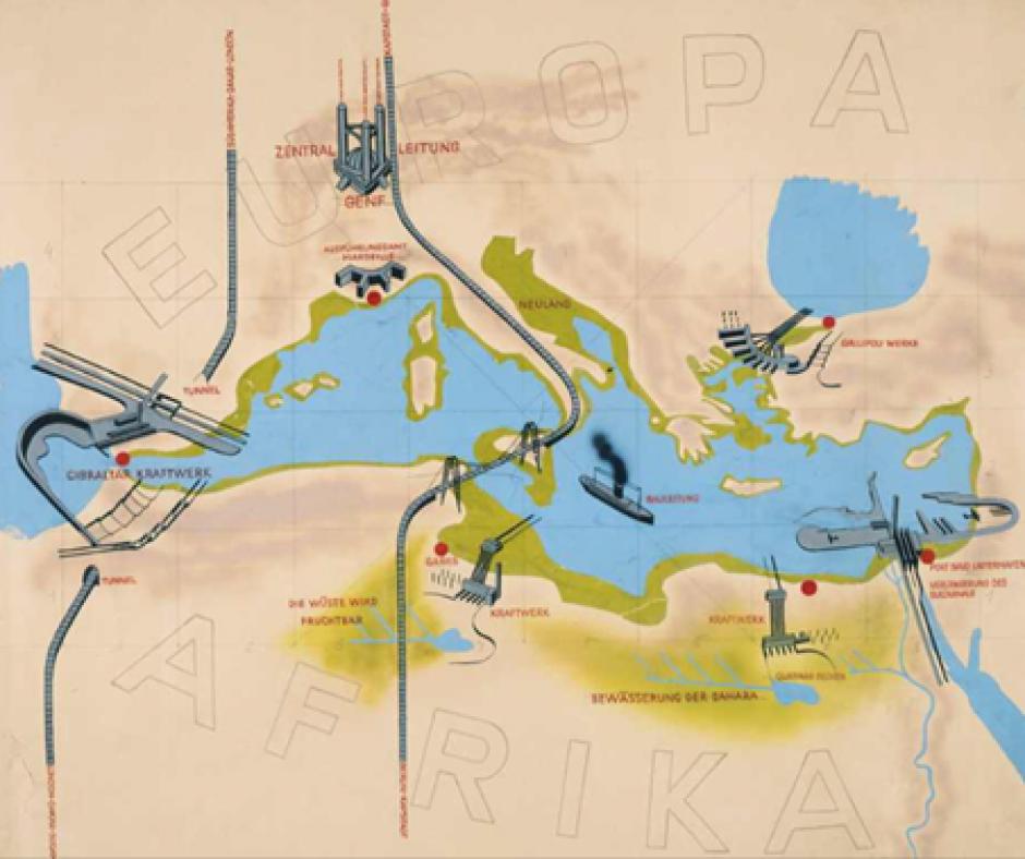 Mapa general de Atlantropa: Obras de Gibraltar con presa y central eléctrica, nuevos terrenos, irrigación del Sahara, túnel para ferrocarril Londres - Dakar, puente para ferrocarril Berlín - Ciudad del Cabo, línea central, 1932