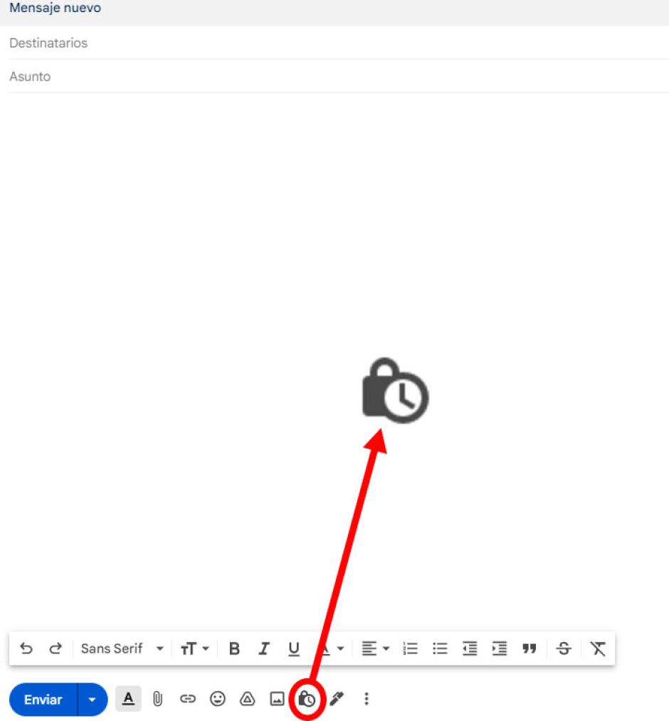 El logo del candado con un reloj que abre el menú del modo confidencial de Gmail