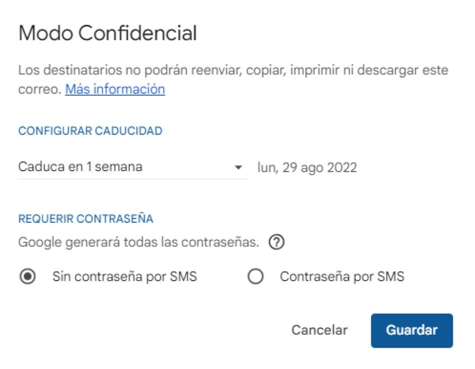 Opciones del modo confidencial de Gmail