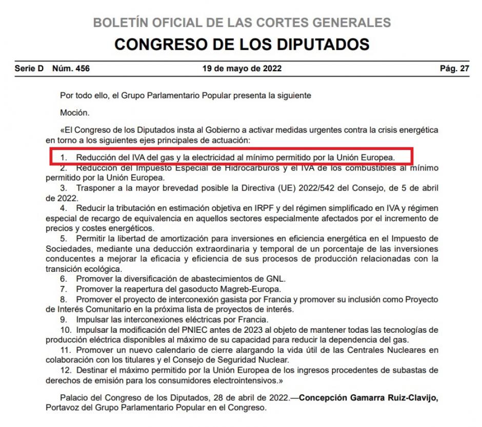 La moción presentada por el PP en abril y contra la que votaron el PSOE y toda la izquierda