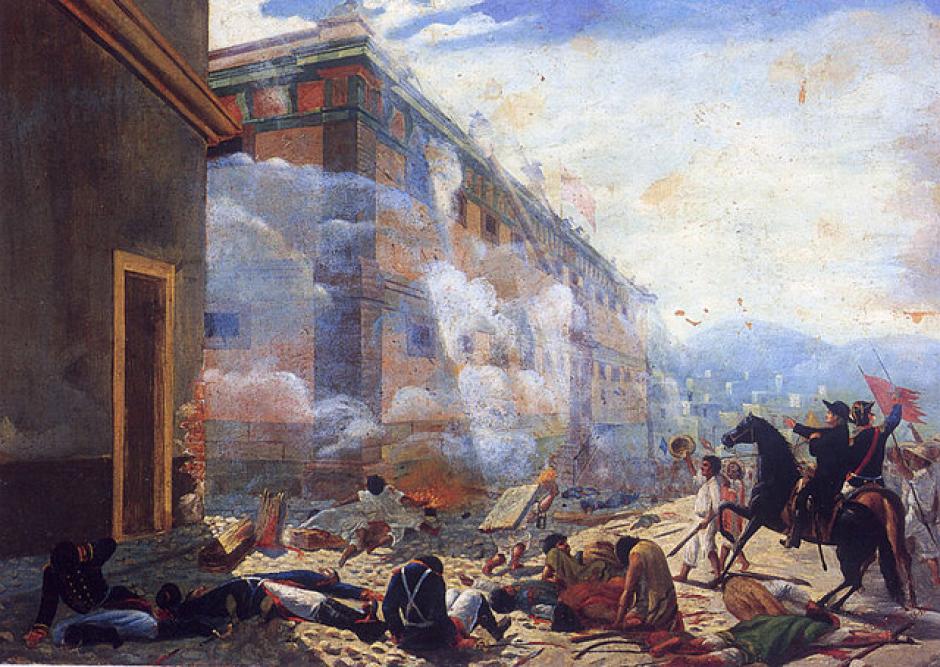 El combate de la Alhóndiga de Granaditas en Guanajuato el 28 de septiembre de 1810, Óleo sobre tela, José Díaz del Castillo, 1910