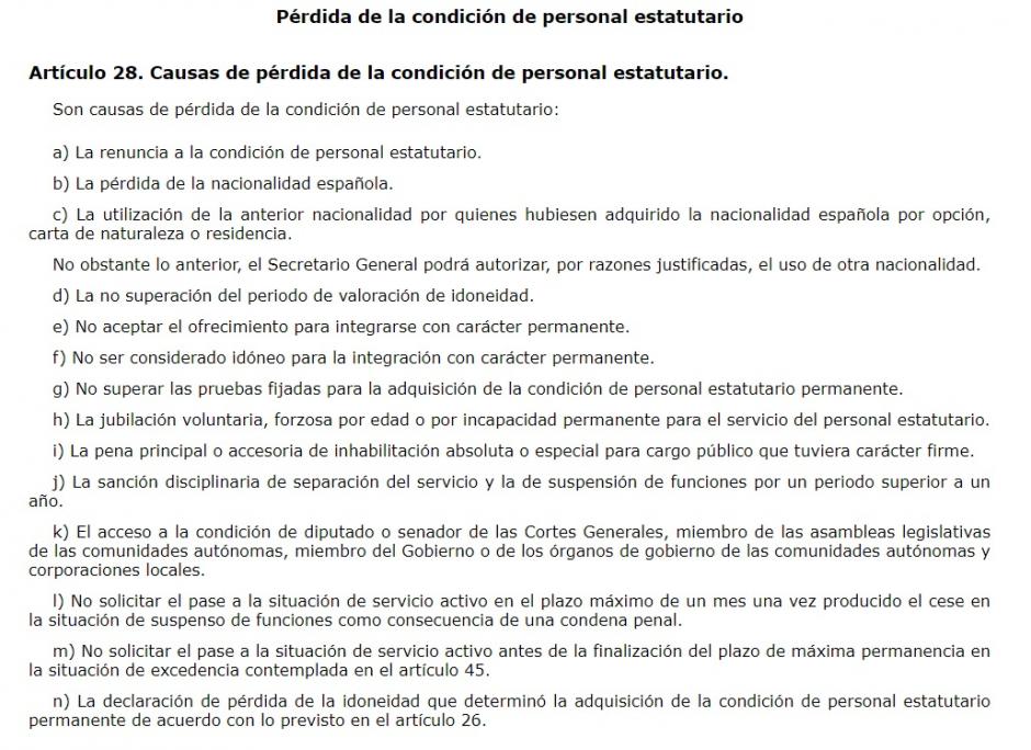 Fragmento del estatuto de personal del Centro Nacional de Inteligencia (CNI)