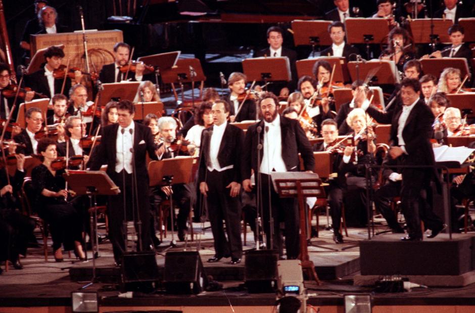 Luciano Pavarotti, Placido Domingo and José Carreras perform as the Three Tenors, at their first concert in the Roman Baths of Caracalla, Rome, Italy, July 7, 1990, during the 1990 World Cup.