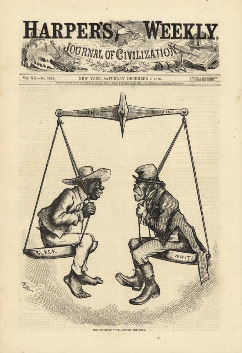 Caricatura de Thomas Nast en el que representa a un hombre negro en la escala con la inscripción de 'negro' del sur y al irlandés en la escala 'blanca' del norte