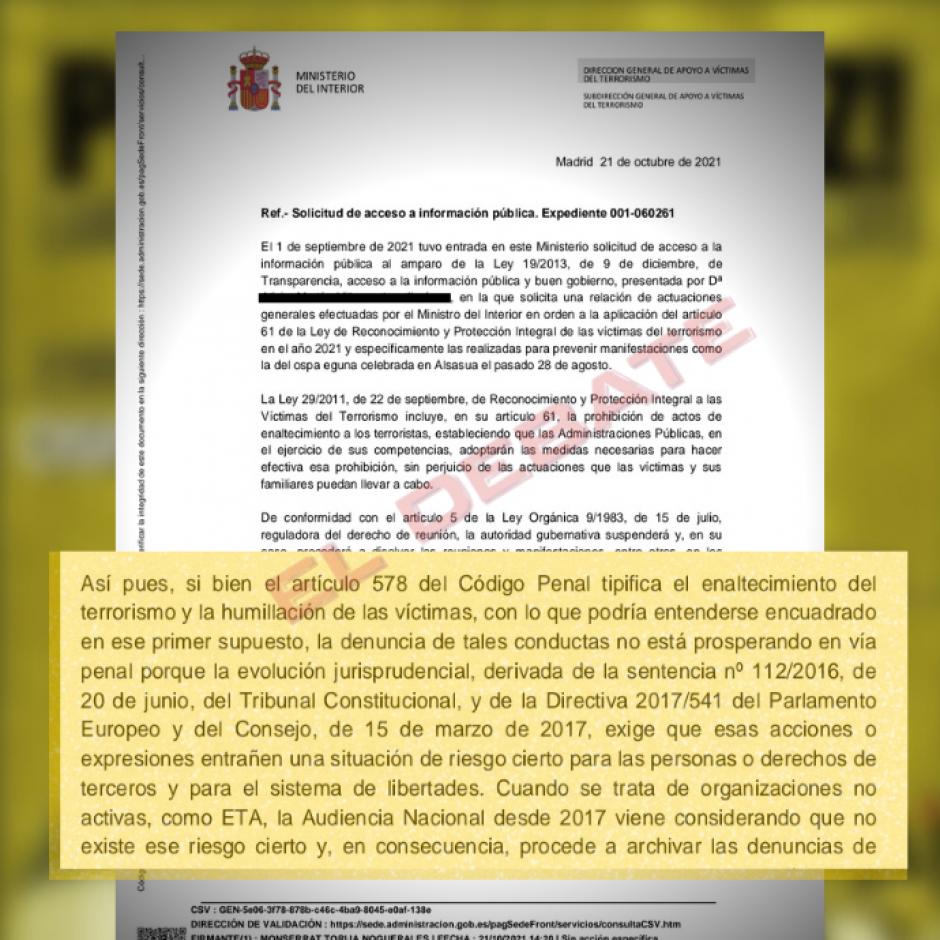 Documento oficial de Interior donde apela a la dificultad de la vía penal para intentar tapar que no aplica la Ley de Protección de las Víctimas