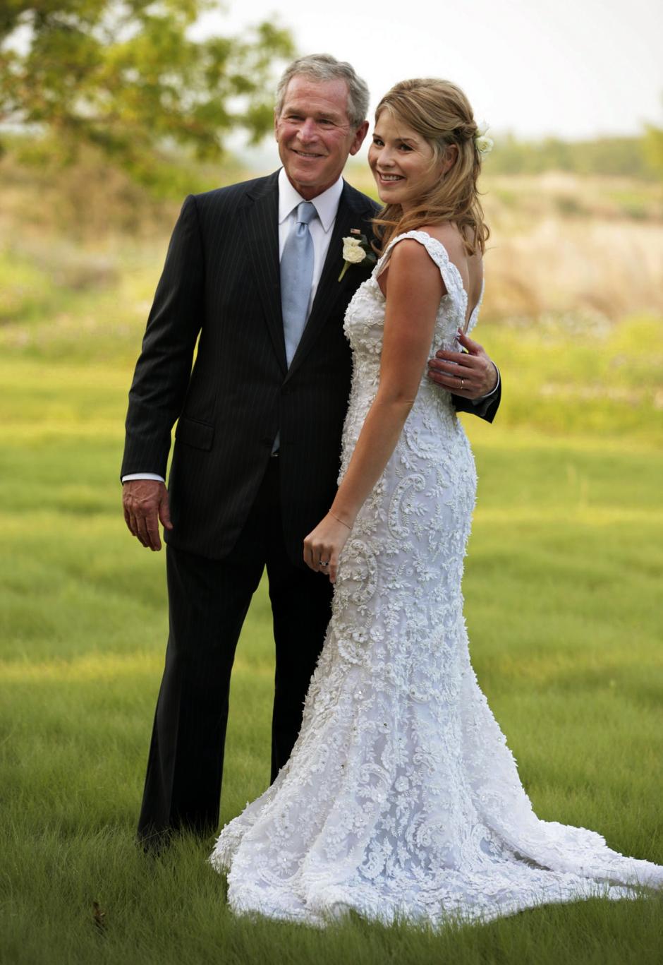 President George W. Bush and his daughter Jenna Bush pose for a photographer Saturday, May 10, 2008, prior to her wedding to Henry Hager at the Bush family's Prairie Chapel Ranch in Crawford, Texas. (AP Photo/The White House/Shealah Craighead)© RADIAL PRESS