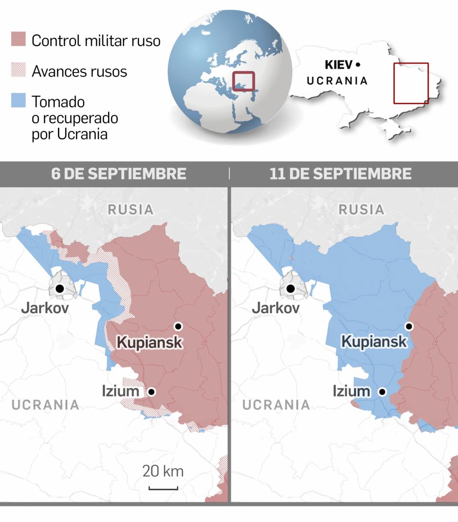Mapa del Este de Ucrania con los territorios recién reconquistados por Kiev