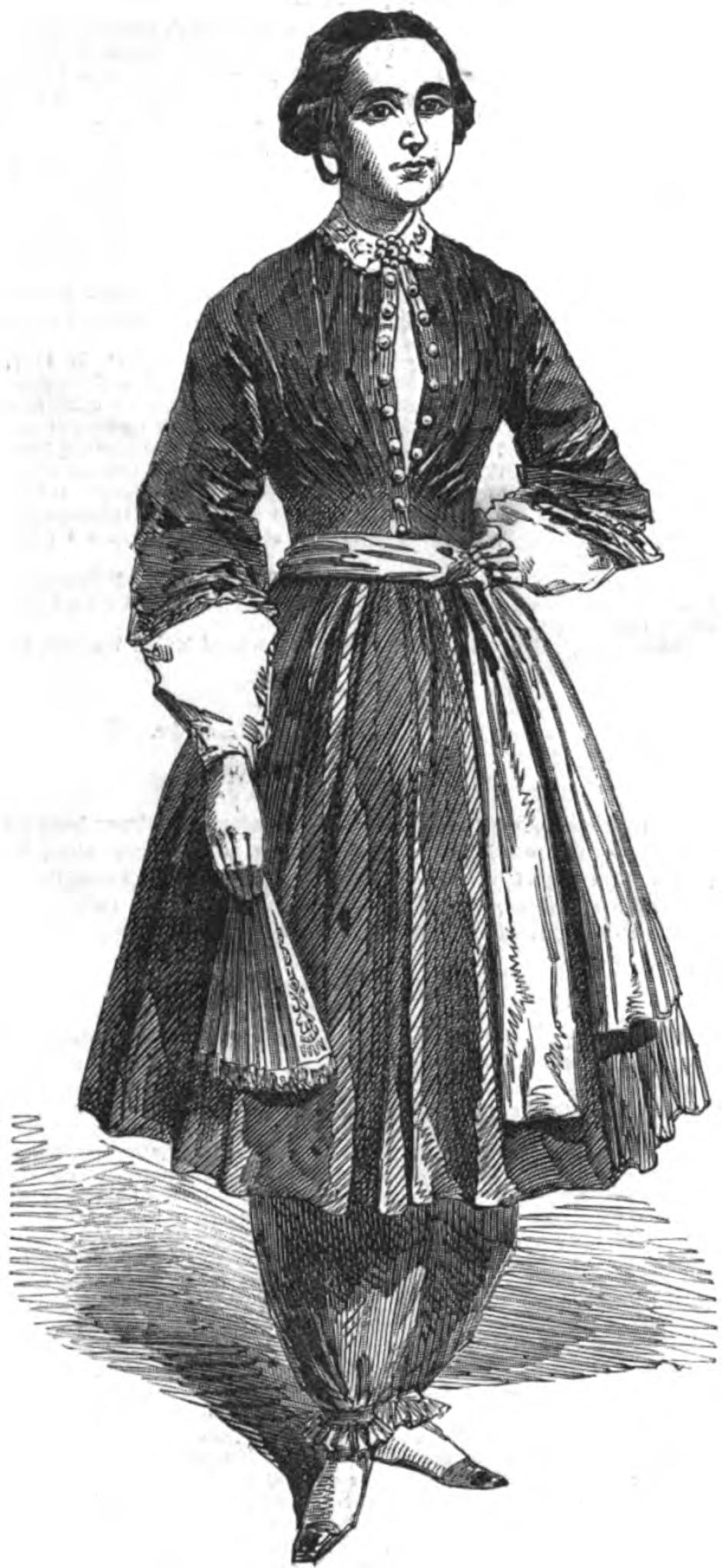 Representación de Amelia Bloomer con el famoso disfraz de "bloomer" que lleva su nombre