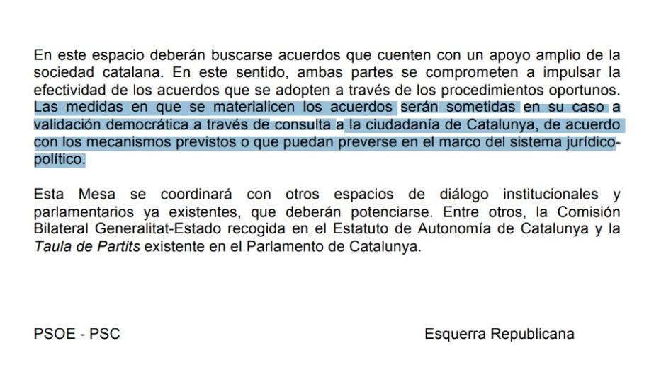 Fragmento del acuerdo entre el PSOE y ERC en enero de 2020