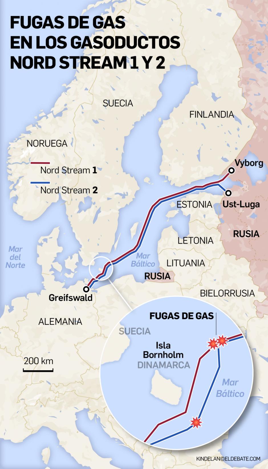 Mapa de las fugas de gas en los gasoductos Nord Stream 1 y 2