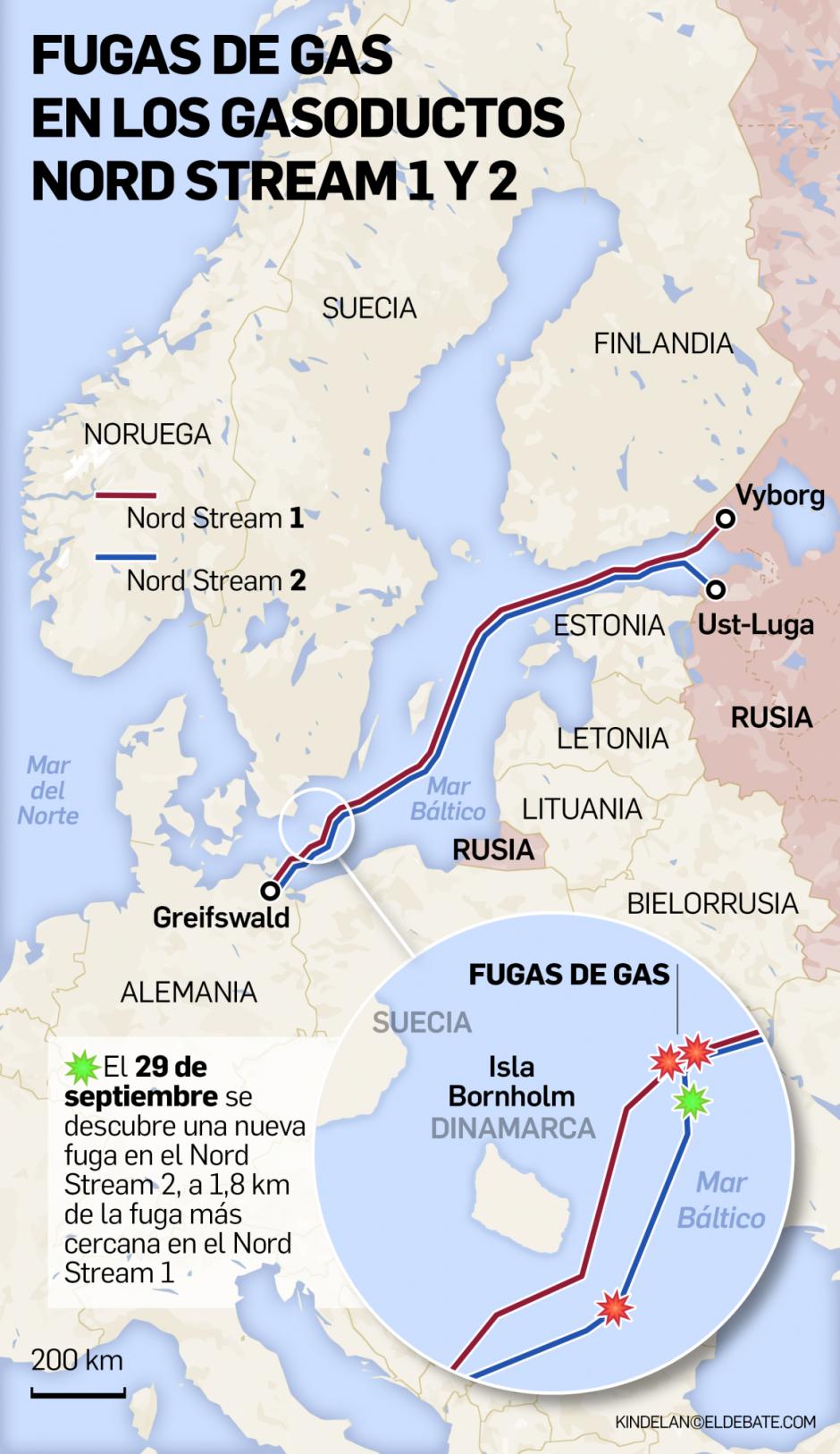 Mapa actualizado de las fugas de gas en los gasoductos Nord Stream 1 y 2
