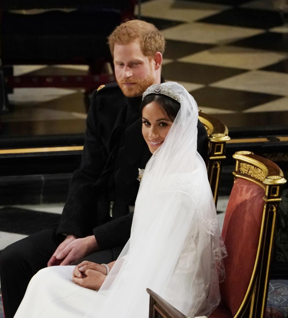 Britain's Prince Harry and Meghan Markle during their wedding ceremony in St. George's Chapel in Windsor Castle in Windsor, near London, England, Saturday, May 19, 2018.