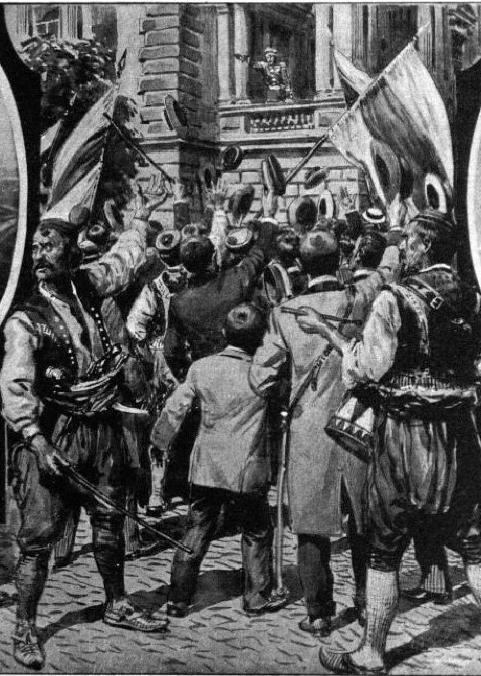 El príncipe heredero (al fondo en el balcón) llama a los manifestantes a ir a la guerra con Austria-Hungría durante las manifestaciones de 1908. Imagen publicada en el periódico Wiener Bild