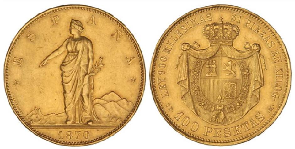 Imagen de una moneda de 100 pesetas acuñada en 1870