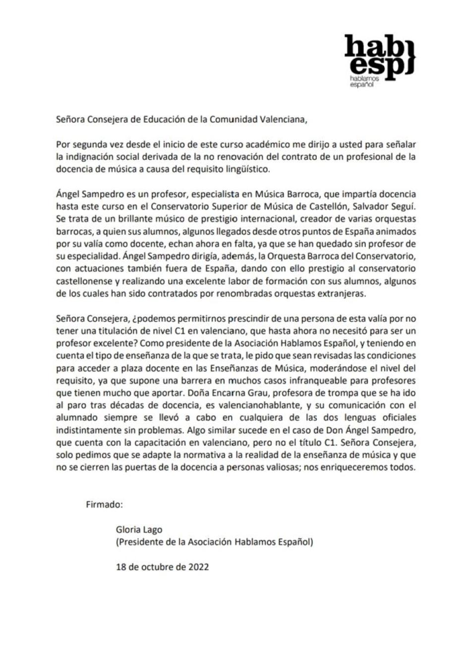 Texto íntegro que la presidenta de Hablamos Español, Gloria Lago, ha enviado a la consejera valenciana de Educación