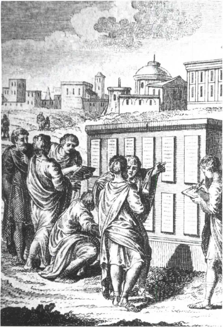 Ciudadanos romanos examinan la Ley de las XII Tablas después de su implantación