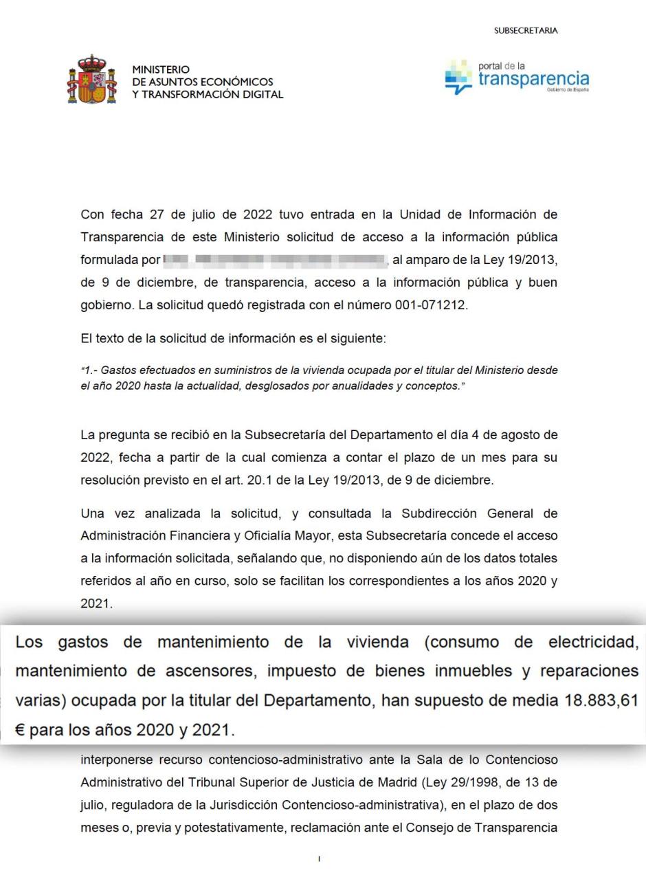 Documento oficial con el gasto de Calviño en el edificio público donde ella reside gratuitamente en una de sus cuatro viviendas de lujo.