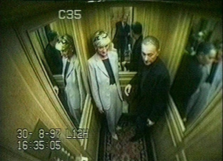 Mandatory Credit: Photo by Scottbaker-Inquests/Shutterstock (699078a)
30 Aug 1997, 16:35 - Princess Diana with Dodi Fayed in the lift of the Ritz hotel
CCTV footage showing the final hours of Princess Diana and Dodi Fayed, Ritz hotel, Paris, France - Oct 2007 
CCTV FOOTAGE SHOWING FINAL HOURS PRINCESS DIANA DODI FAYED RITZ HOTEL PARIS FRANCE OCT 2007 30 AUG 1997 1635 WITH LIFT PRINCESSDIANADODICBS British Politician Female With Others Personality 2798003