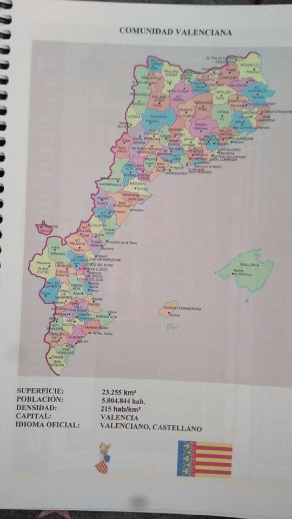 Mapa de los 'Países Catalanes' en libro de texto de la Comunidad Valenciana.
