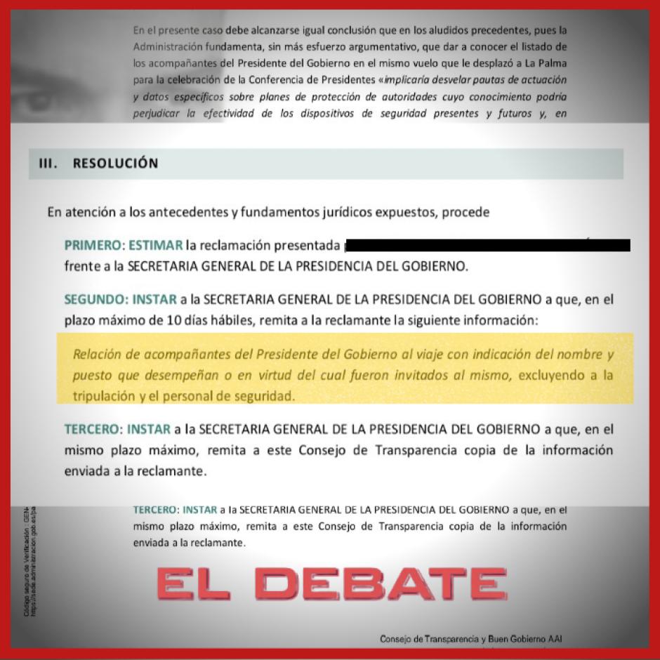 Documento de El Debate que obliga a Sánchez a identificar a sus invitados