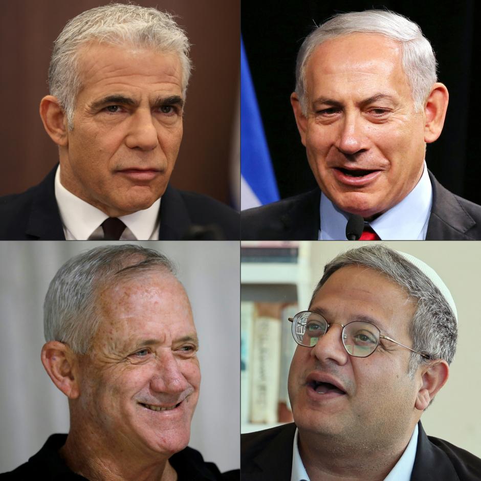 Los candidatos para las elecciones en Israel: el actual primer ministro israelí, Yair Lapid (arriba a la izquierda); el ex primer ministro israelí Benjamin Netanyahu (arriba a la derecha); el ministro de defensa israelí, Benny Gantz (abajo a la izquierda) y el legislador de extrema derecha Itamar Ben-Gvir (abajo a la derecha)