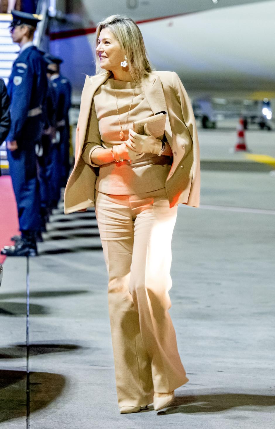 Queen Maxima at the airport of Athens for a 3 day state visit to Greece with the government plane