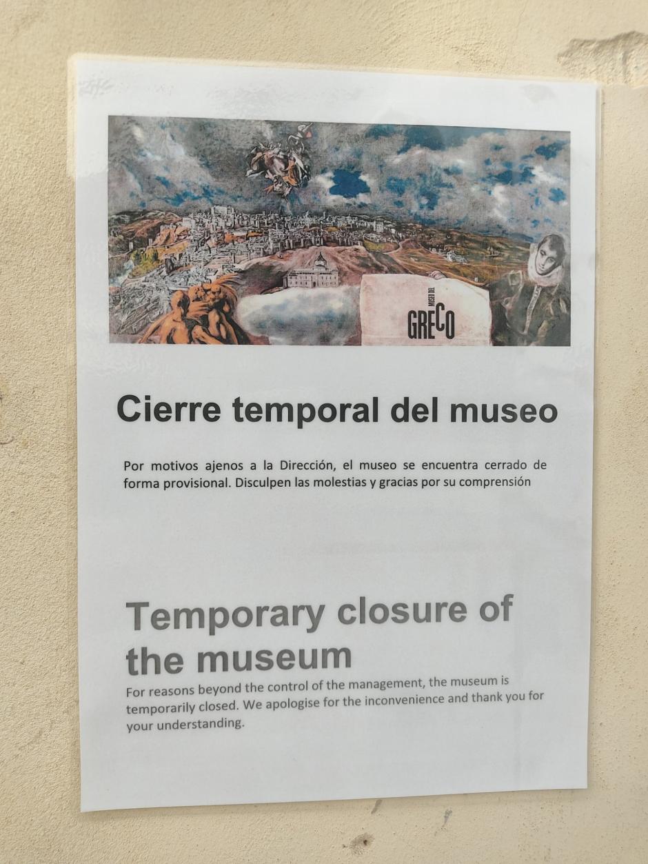 Cartel del Museo del Greco, en Toledo, donde se explica "el cierre provisional" pero no se especifican las causas
