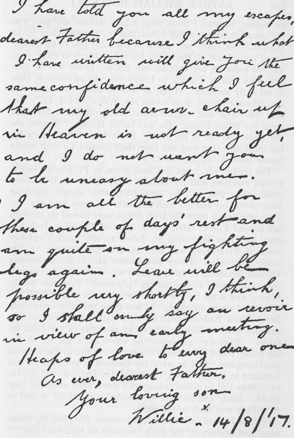 Carta de Doyle a sus padres dos días antes de su muerte