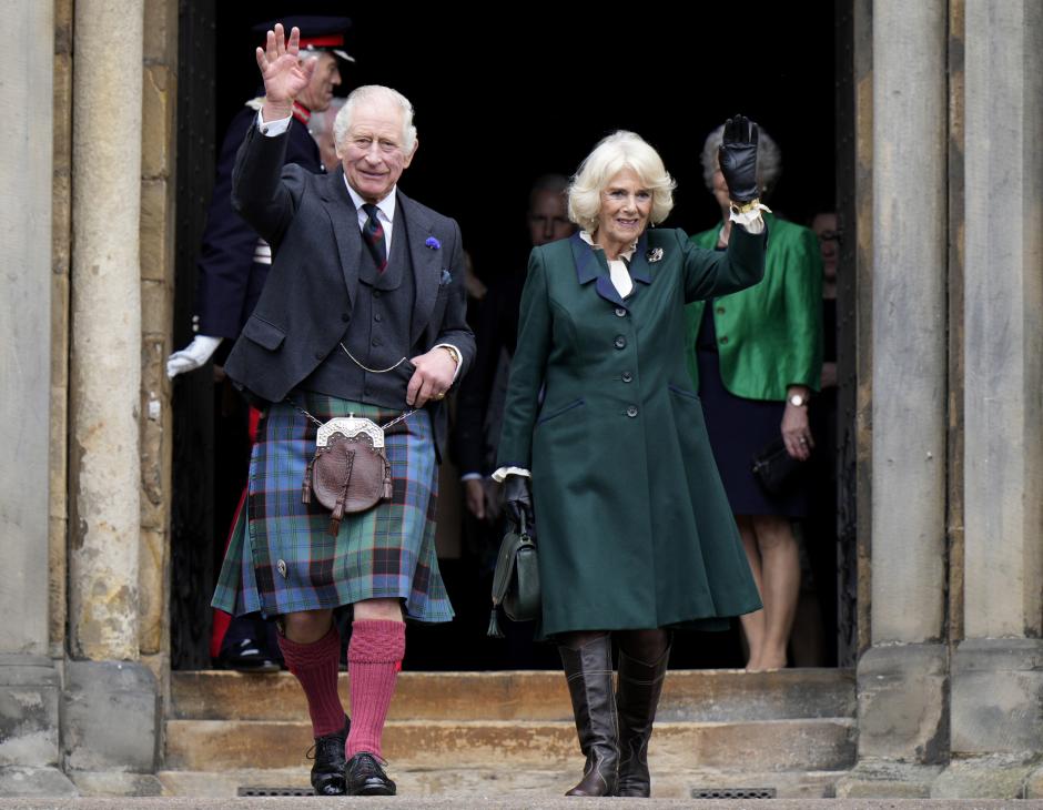 King Charles III and Camilla Queen Consort attend an official council meeting at the City Chambers and visit Dunfermline Abbey to mark Dunfermline becoming a City. *** Local Caption *** .