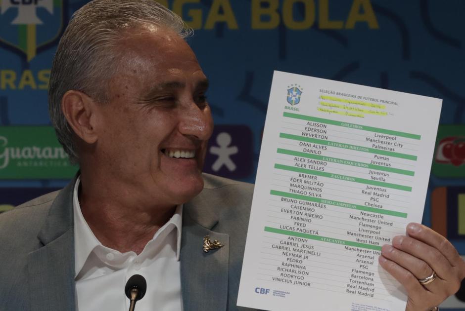 Adenor Leonardo Bacchi "Tite", entrenador de la selección de fútbol de Brasil, junto a la lista de jugadores que irán al Mundial