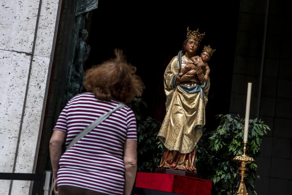 Virgin of Almudena is taken out from the Cathedral so that people can see in Madrid, Spain, May 9, 2020.