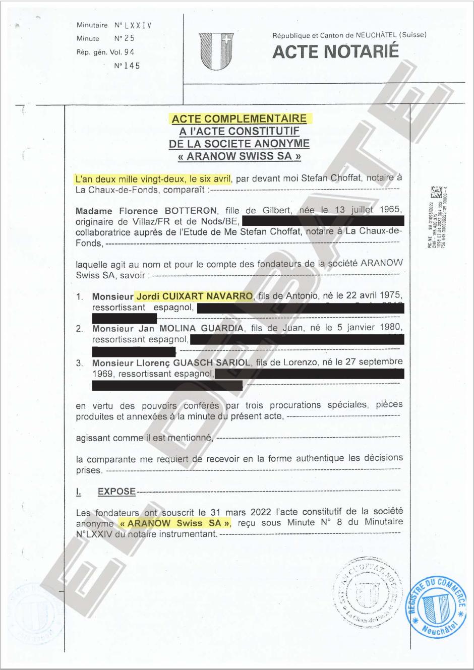 Acta notarial complementaria de la offshore de Jordi Cuixart (I)